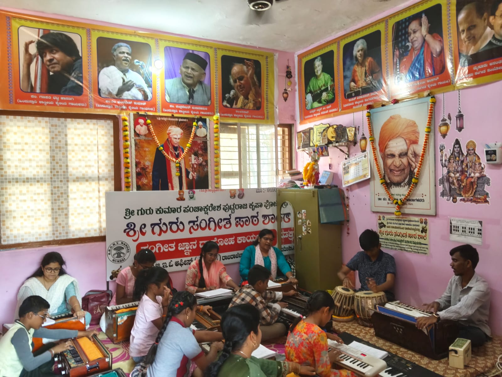 Students learning at Shree Guru Sangeet Vidyalaya in Ranebennur